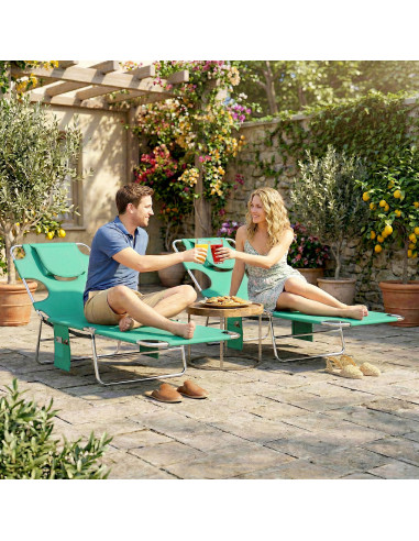 Outsunny 5-Position Adjustable Sun Loungers Set of 2 with Reading Hole and Side Pocket, Green