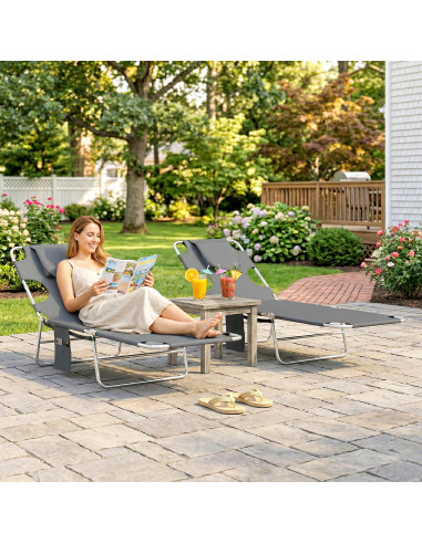 Outsunny 5-Position Adjustable Sun Loungers Set of 2 with Reading Hole and Side Pocket, Dark Grey
