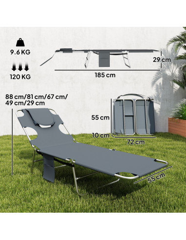 Outsunny 5-Position Adjustable Sun Loungers Set of 2 with Reading Hole and Side Pocket, Dark Grey