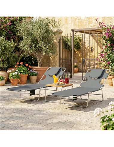 Outsunny 5-Position Adjustable Sun Loungers Set of 2 with Reading Hole and Side Pocket, Dark Grey
