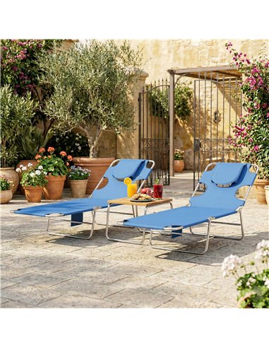 Outsunny 5-Position Adjustable Sun Loungers Set of 2 with Reading Hole and Side Pocket, Blue