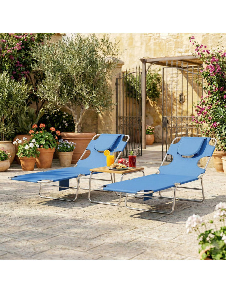 Outsunny 5-Position Adjustable Sun Loungers Set of 2 with Reading Hole and Side Pocket, Blue - pic 189768 | FastDaddyshop