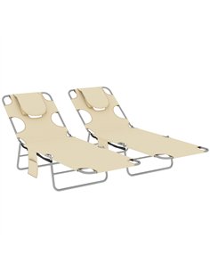 Outsunny 5-Position Adjustable Sun Loungers Set of 2 with Reading Hole and Side Pocket, Beige