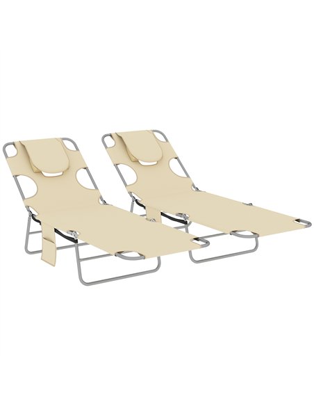 Outsunny 5-Position Adjustable Sun Loungers Set of 2 with Reading Hole and Side Pocket, Beige - pic 189769 | FastDaddyshop