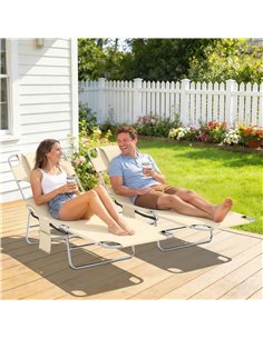 Outsunny 5-Position Adjustable Sun Loungers Set of 2 with Reading Hole and Side Pocket, Beige 2