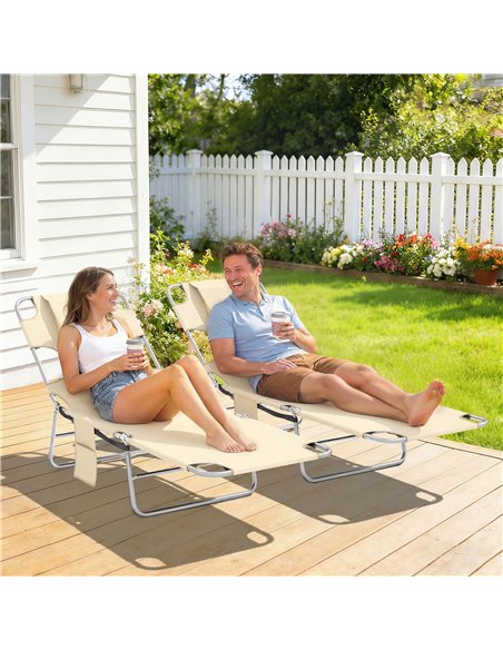 Outsunny 5-Position Adjustable Sun Loungers Set of 2 with Reading Hole and Side Pocket, Beige - pic 189770 | FastDaddyshop