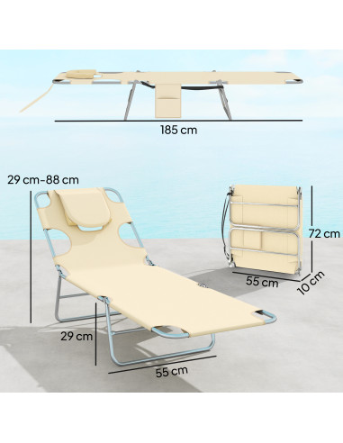 Outsunny 5-Position Adjustable Sun Loungers Set of 2 with Reading Hole and Side Pocket, Beige