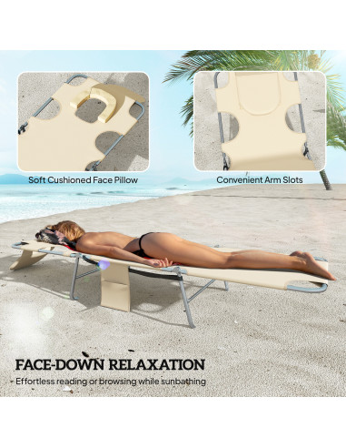 Outsunny 5-Position Adjustable Sun Loungers Set of 2 with Reading Hole and Side Pocket, Beige