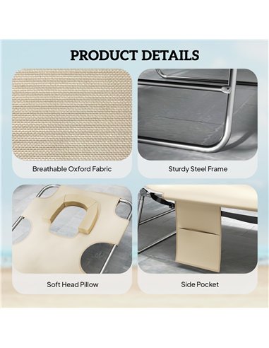 Outsunny 5-Position Adjustable Sun Loungers Set of 2 with Reading Hole and Side Pocket, Beige