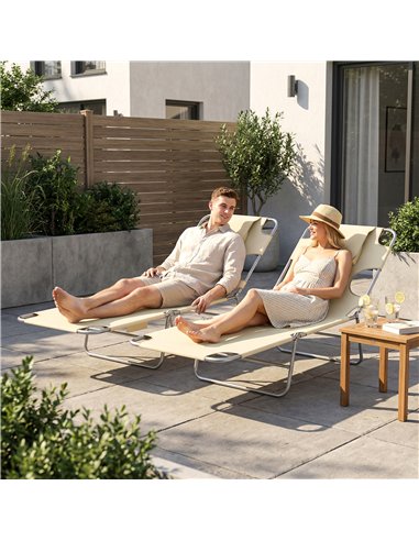 Outsunny 5-Position Adjustable Sun Loungers Set of 2 with Reading Hole and Side Pocket, Beige