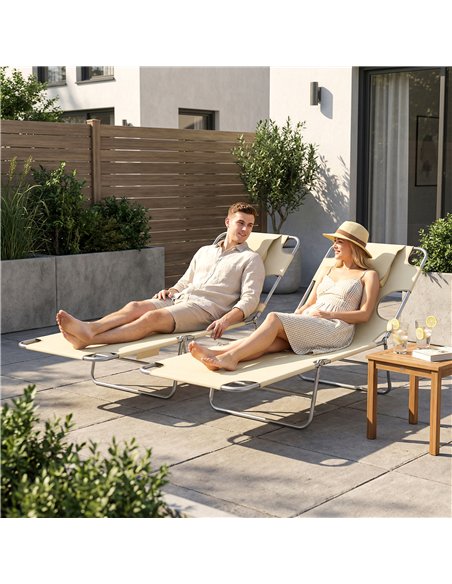 Outsunny 5-Position Adjustable Sun Loungers Set of 2 with Reading Hole and Side Pocket, Beige - pic 189776 | FastDaddyshop