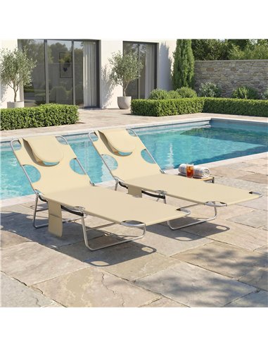 Outsunny 5-Position Adjustable Sun Loungers Set of 2 with Reading Hole and Side Pocket, Beige