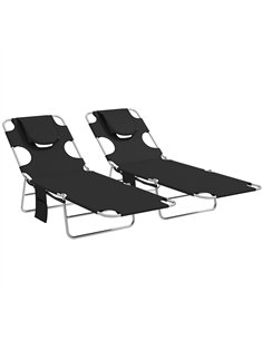 Outsunny 5-Position Adjustable Sun Loungers Set of 2 with Reading Hole and Side Pocket, Black