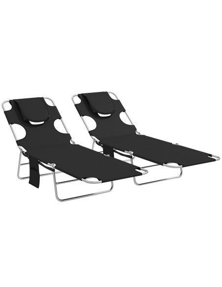 Outsunny 5-Position Adjustable Sun Loungers Set of 2 with Reading Hole and Side Pocket, Black - pic 189778 | FastDaddyshop