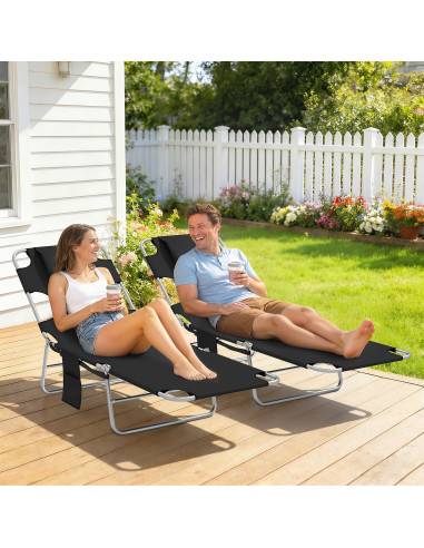 Outsunny 5-Position Adjustable Sun Loungers Set of 2 with Reading Hole and Side Pocket, Black