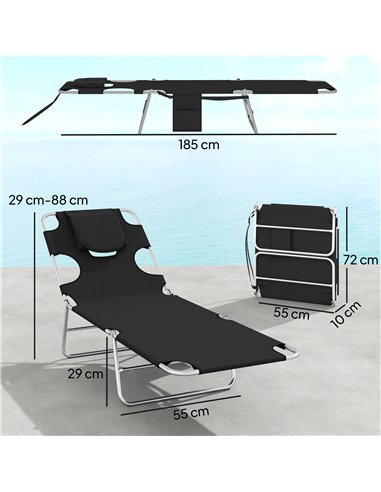 Outsunny 5-Position Adjustable Sun Loungers Set of 2 with Reading Hole and Side Pocket, Black