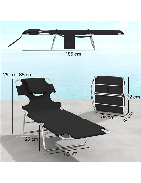Outsunny 5-Position Adjustable Sun Loungers Set of 2 with Reading Hole and Side Pocket, Black - pic 189780 | FastDaddyshop