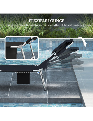 Outsunny 5-Position Adjustable Sun Loungers Set of 2 with Reading Hole and Side Pocket, Black