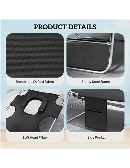 Outsunny 5-Position Adjustable Sun Loungers Set of 2 with Reading Hole and Side Pocket, Black - pic 189783 | FastDaddyshop