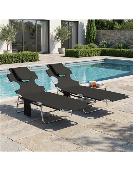 Outsunny 5-Position Adjustable Sun Loungers Set of 2 with Reading Hole and Side Pocket, Black - pic 189786 | FastDaddyshop
