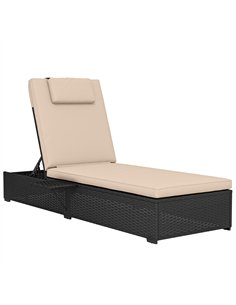 Outsunny Rattan Sun Lounger with 5-Level Reclining Back Side Tray and Cushion, Black