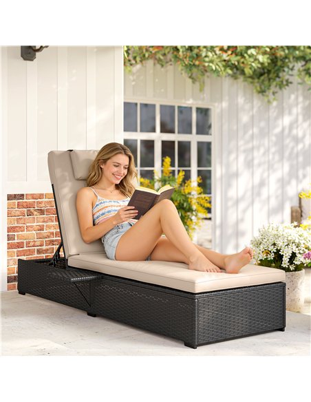 Outsunny Rattan Sun Lounger with 5-Level Reclining Back Side Tray and Cushion, Black - pic 189788 | FastDaddyshop
