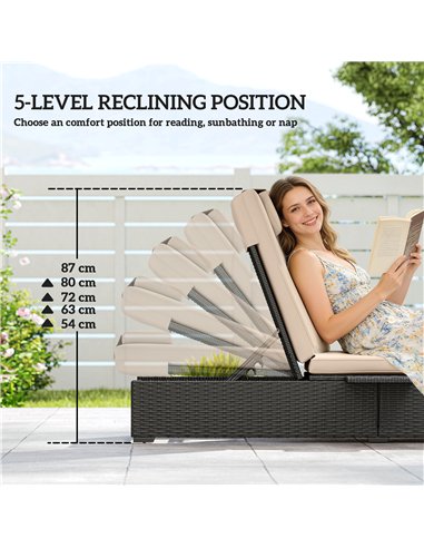 Outsunny Rattan Sun Lounger with 5-Level Reclining Back Side Tray and Cushion, Black