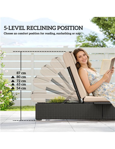 Outsunny Rattan Sun Lounger with 5-Level Reclining Back Side Tray and Cushion, Black - pic 189790 | FastDaddyshop