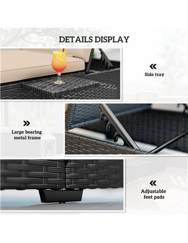 Outsunny Rattan Sun Lounger with 5-Level Reclining Back Side Tray and Cushion, Black
