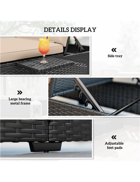 Outsunny Rattan Sun Lounger with 5-Level Reclining Back Side Tray and Cushion, Black - pic 189793 | FastDaddyshop