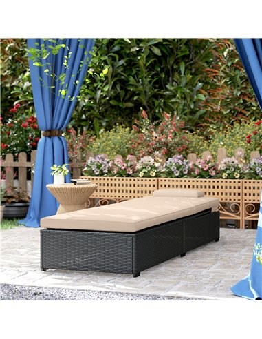 Outsunny Rattan Sun Lounger with 5-Level Reclining Back Side Tray and Cushion, Black
