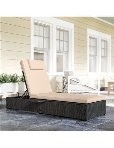 Outsunny Rattan Sun Lounger with 5-Level Reclining Back Side Tray and Cushion, Black