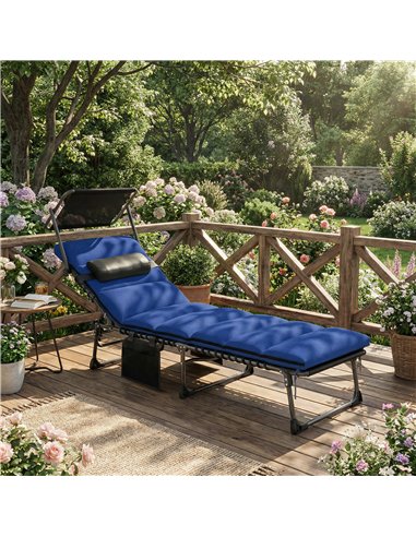 Outsunny Folding Sun Lounger with Canopy, Reclining Sunbed with Cushion, Side Pocket, Carrying Handle, Dark Blue