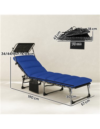 Outsunny Folding Sun Lounger with Canopy, Reclining Sunbed with Cushion, Side Pocket, Carrying Handle, Dark Blue