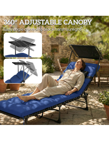 Outsunny Folding Sun Lounger with Canopy, Reclining Sunbed with Cushion, Side Pocket, Carrying Handle, Dark Blue