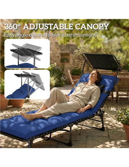 Outsunny Folding Sun Lounger with Canopy, Reclining Sunbed with Cushion, Side Pocket, Carrying Handle, Dark Blue - pic 189799 | FastDaddyshop