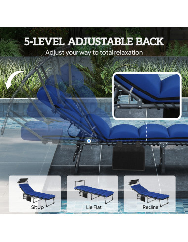 Outsunny Folding Sun Lounger with Canopy, Reclining Sunbed with Cushion, Side Pocket, Carrying Handle, Dark Blue
