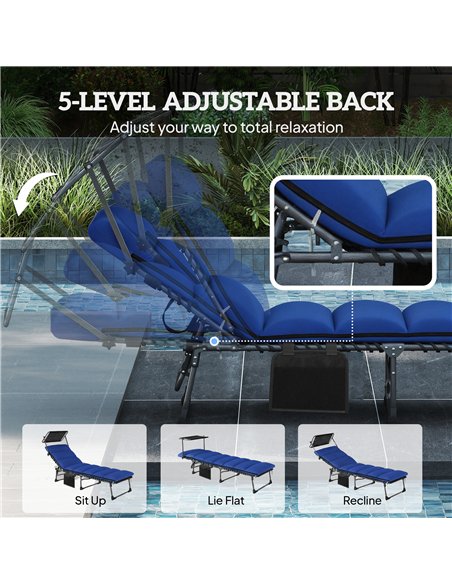 Outsunny Folding Sun Lounger with Canopy, Reclining Sunbed with Cushion, Side Pocket, Carrying Handle, Dark Blue - pic 189800 | FastDaddyshop