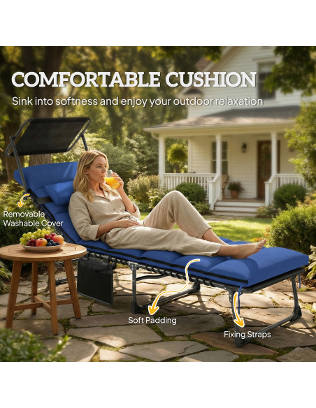 Outsunny Folding Sun Lounger with Canopy, Reclining Sunbed with Cushion, Side Pocket, Carrying Handle, Dark Blue - pic 189801 | FastDaddyshop