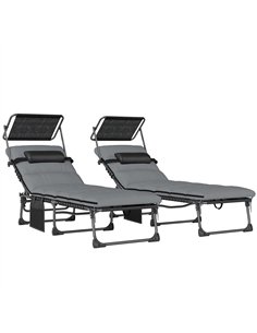 Outsunny Folding Sun Loungers Set of 2 with Canopy, Reclining Sunbed with Cushion, Side Pocket, Carrying Handle, Light Grey