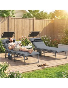 Outsunny Folding Sun Loungers Set of 2 with Canopy, Reclining Sunbed with Cushion, Side Pocket, Carrying Handle, Light Grey 2