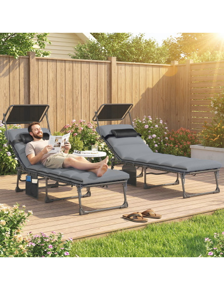 Outsunny Folding Sun Loungers Set of 2 with Canopy, Reclining Sunbed with Cushion, Side Pocket, Carrying Handle, Light Grey - pic 189806 | FastDaddyshop