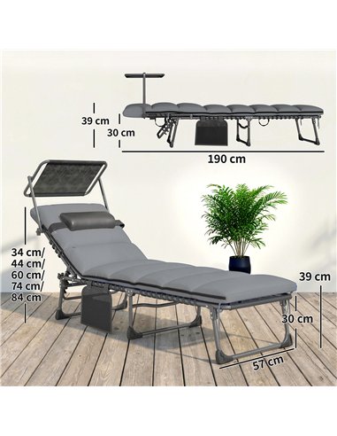 Outsunny Folding Sun Loungers Set of 2 with Canopy, Reclining Sunbed with Cushion, Side Pocket, Carrying Handle, Light Grey