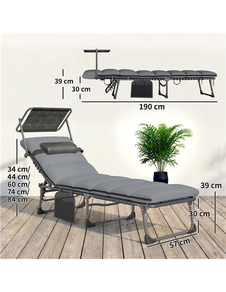 Outsunny Folding Sun Loungers Set of 2 with Canopy, Reclining Sunbed with Cushion, Side Pocket, Carrying Handle, Light Grey - pic 189807 | FastDaddyshop
