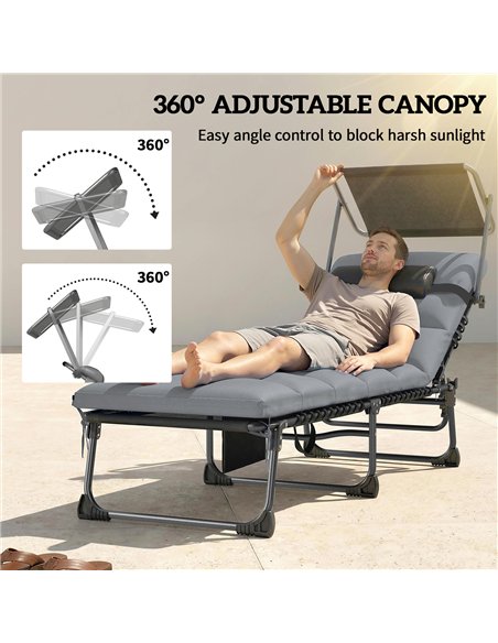 Outsunny Folding Sun Loungers Set of 2 with Canopy, Reclining Sunbed with Cushion, Side Pocket, Carrying Handle, Light Grey - pic 189808 | FastDaddyshop