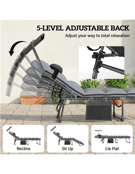 Outsunny Folding Sun Loungers Set of 2 with Canopy, Reclining Sunbed with Cushion, Side Pocket, Carrying Handle, Light Grey - pic 189809 | FastDaddyshop