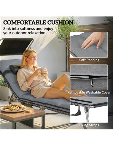 Outsunny Folding Sun Loungers Set of 2 with Canopy, Reclining Sunbed with Cushion, Side Pocket, Carrying Handle, Light Grey
