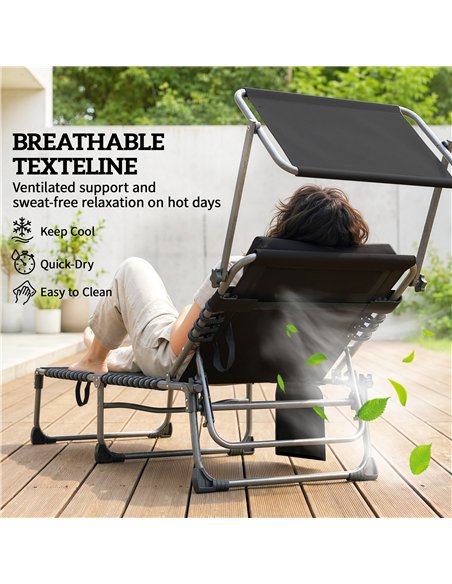 Outsunny Folding Sun Loungers Set of 2 with Canopy, Reclining Sunbed with Cushion, Side Pocket, Carrying Handle, Light Grey - pic 189811 | FastDaddyshop