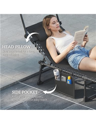 Outsunny Folding Sun Loungers Set of 2 with Canopy, Reclining Sunbed with Cushion, Side Pocket, Carrying Handle, Light Grey
