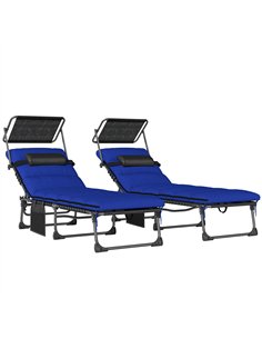 Outsunny Folding Sun Loungers Set of 2 with Canopy, Reclining Sunbed with Cushion, Side Pocket, Carrying Handle, Dark Blue